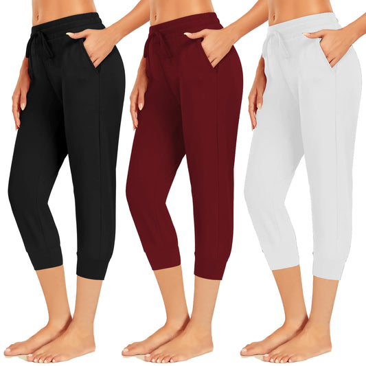 3 Pack Capri Sweatpants for Women-Womens Joggers with Pockets Workout Yoga Pants Athletic Leggings